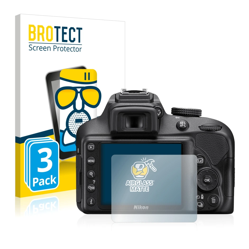 Face avant d’un emballage produit avec le logo de la marque BROTECT. À côté, l’appareil Nikon D3400 est représenté avec la pro