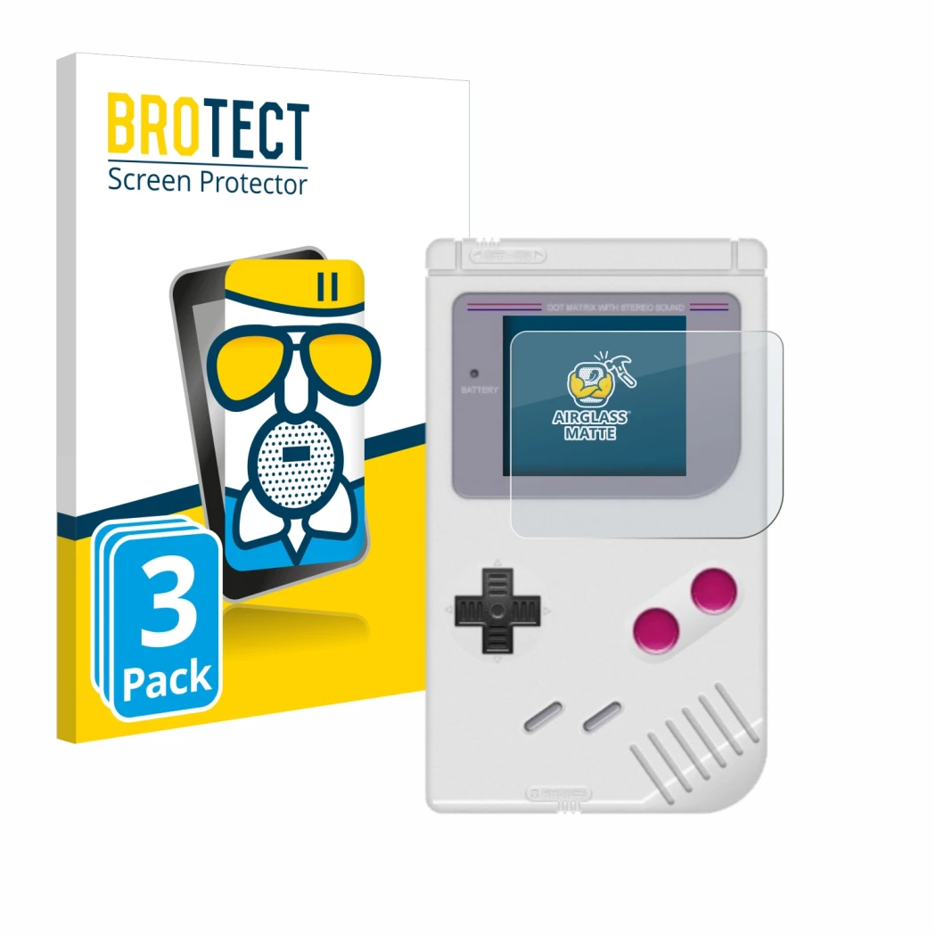 Face avant d’un emballage produit avec le logo de la marque BROTECT. À côté, l’appareil Nintendo Gameboy (1989) est représenté