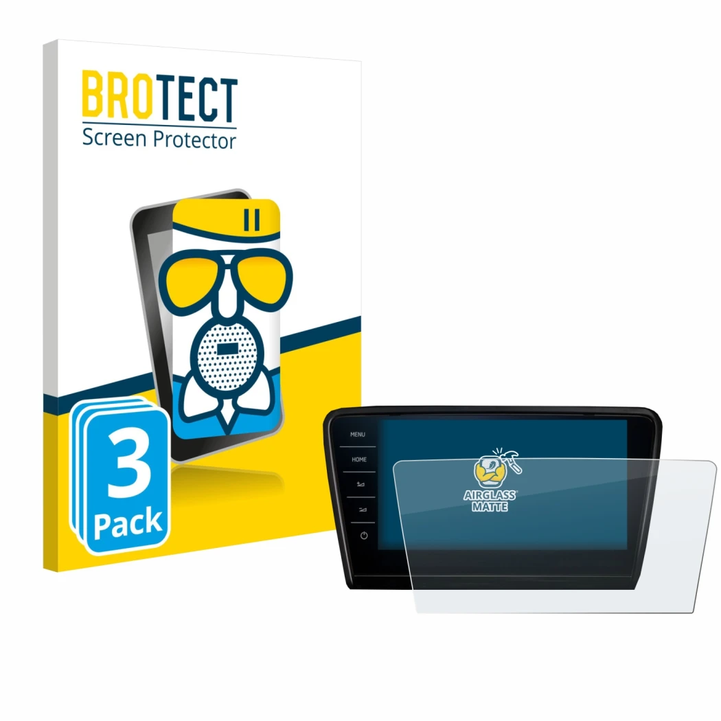 Face avant d’un emballage produit avec le logo de la marque BROTECT. À côté, l’appareil Skoda Octavia 2017 Infotainment System