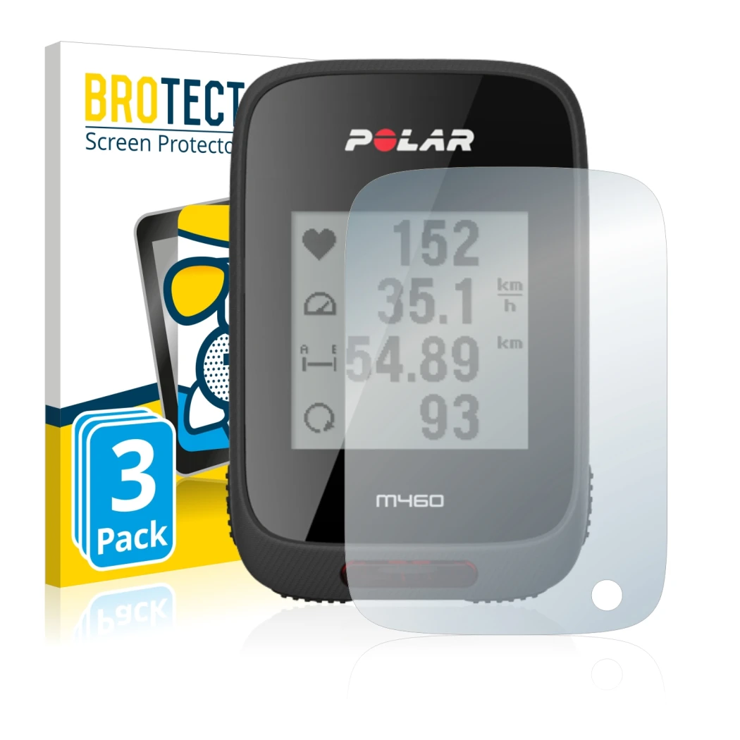 Face avant d’un emballage produit avec le logo de la marque BROTECT. À côté, l’appareil Polar M460 est représenté avec la prot