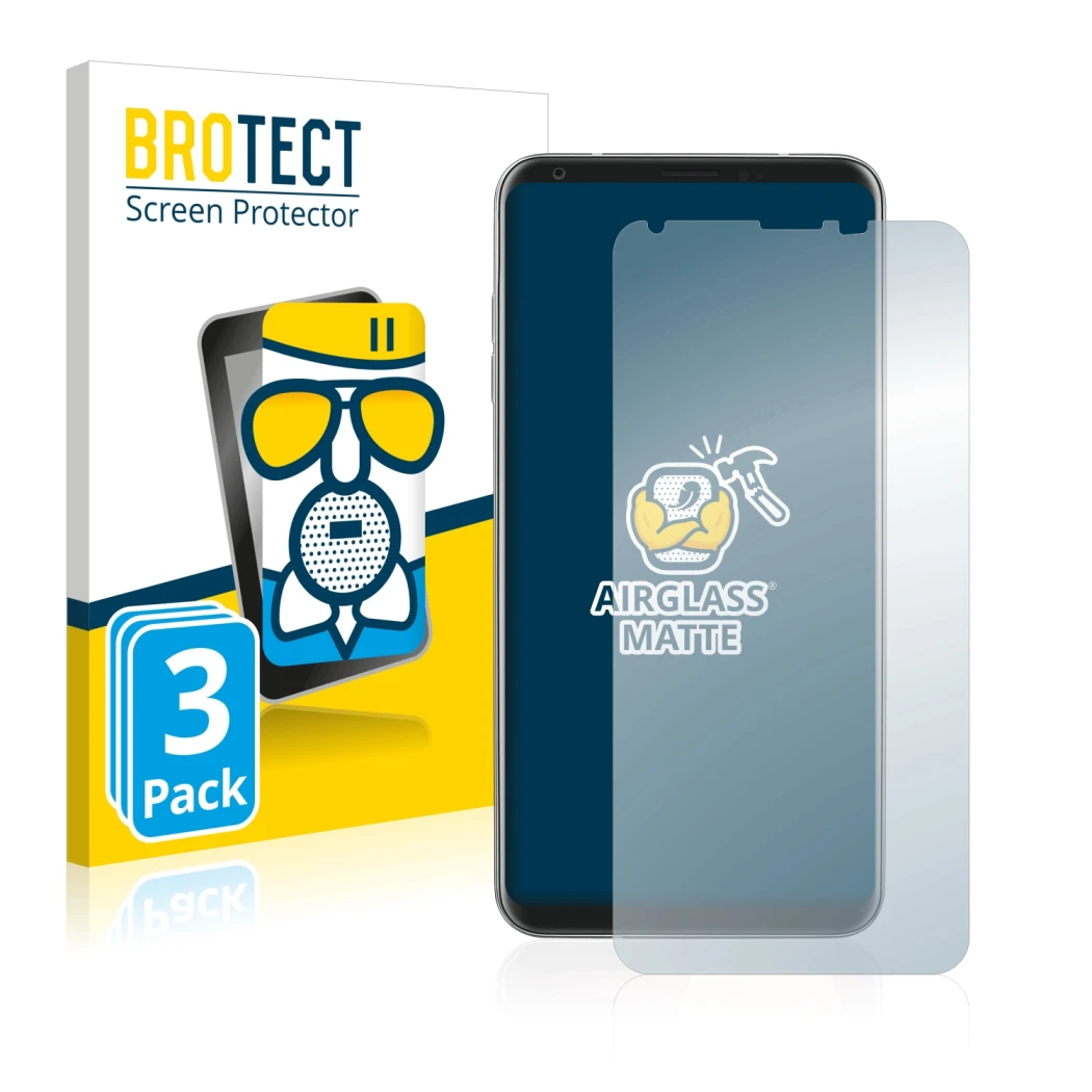 Face avant d’un emballage produit avec le logo de la marque BROTECT. À côté, l’appareil LG V30 est représenté avec la protecti