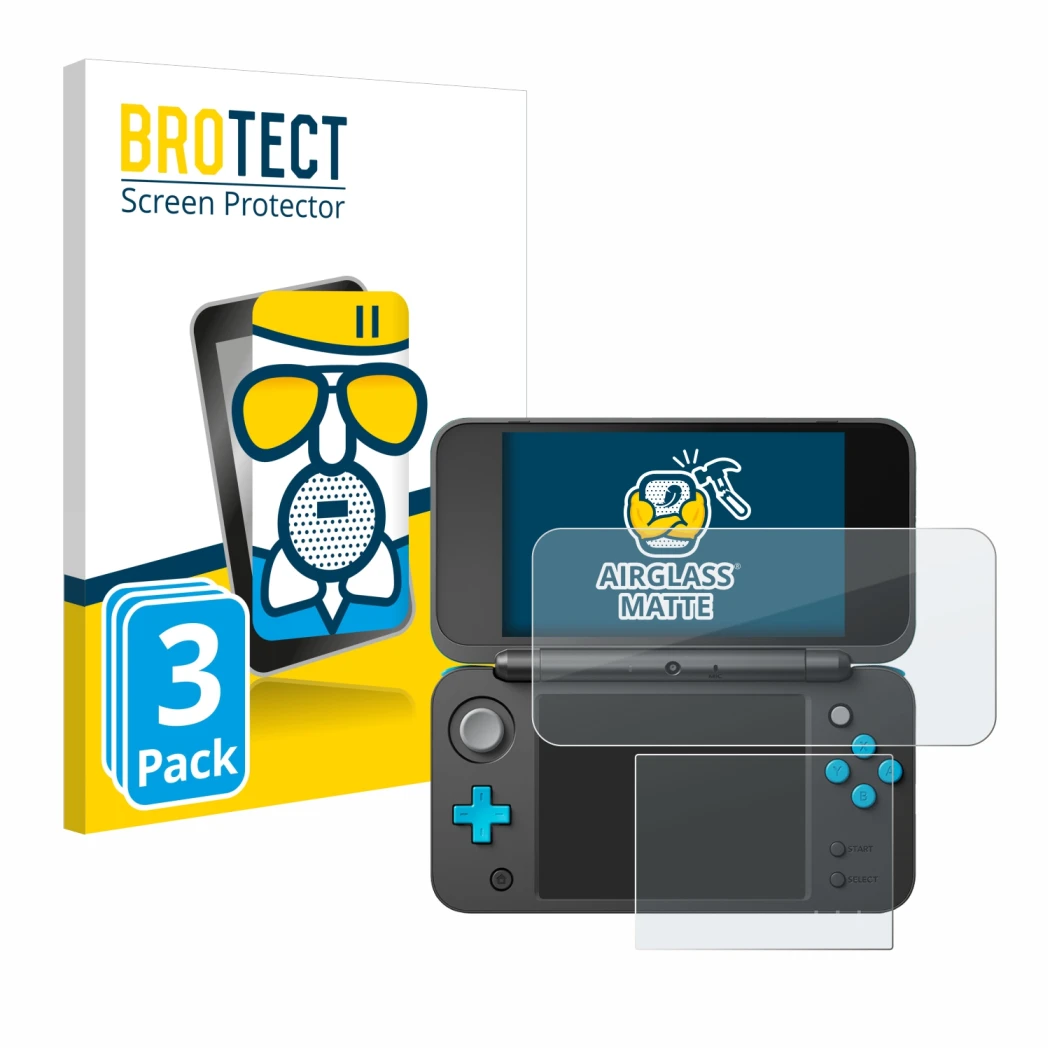 Face avant d’un emballage produit avec le logo de la marque BROTECT. À côté, l’appareil New Nintendo 2DS XL est représenté ave