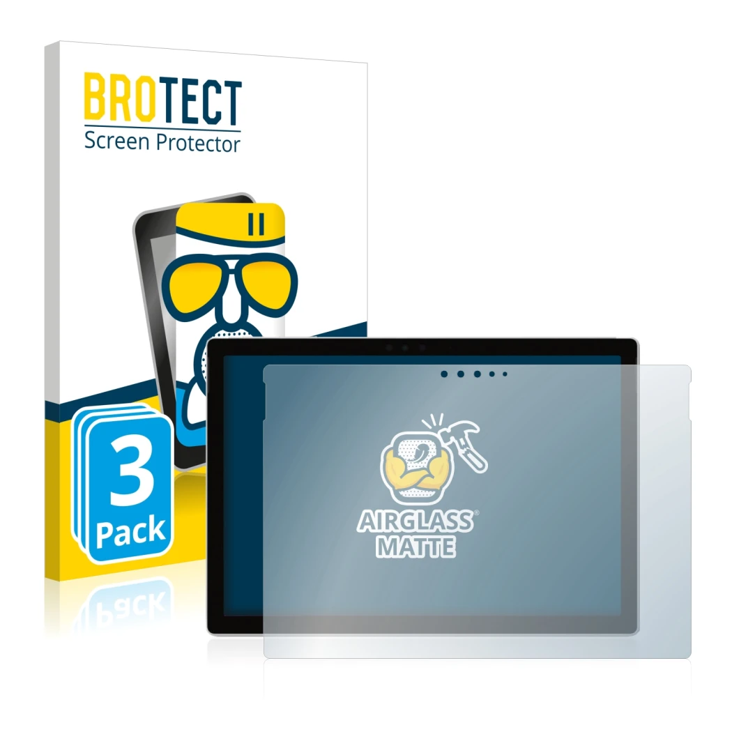 Face avant d’un emballage produit avec le logo de la marque BROTECT. À côté, l’appareil Microsoft Surface Pro 6 est représenté