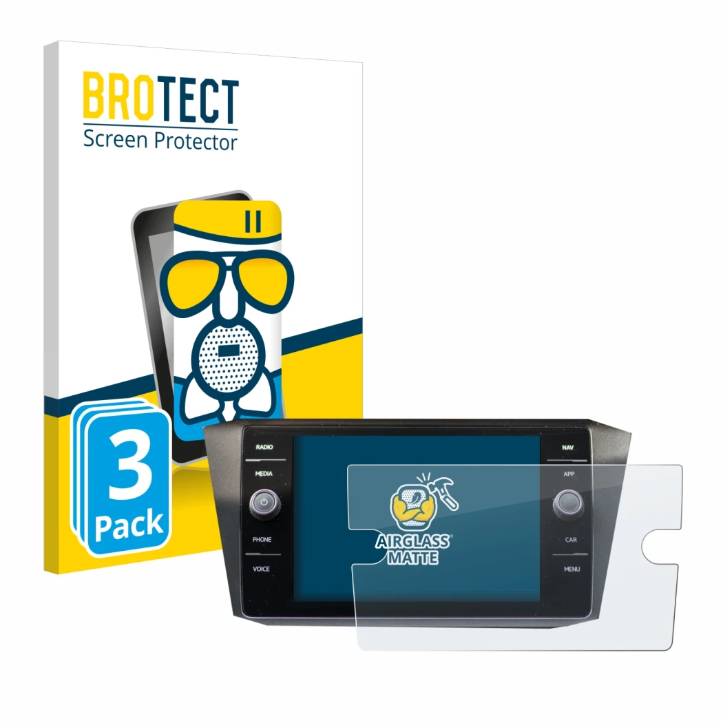 Face avant d’un emballage produit avec le logo de la marque BROTECT. À côté, l’appareil Volkswagen Tiguan Discover Media 8