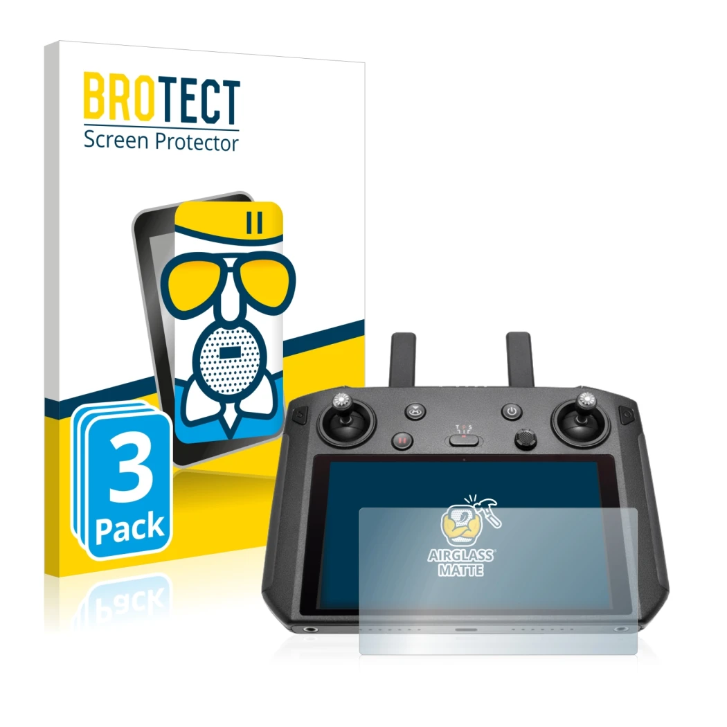 Face avant d’un emballage produit avec le logo de la marque BROTECT. À côté, l’appareil DJI Smart Controller est représenté av