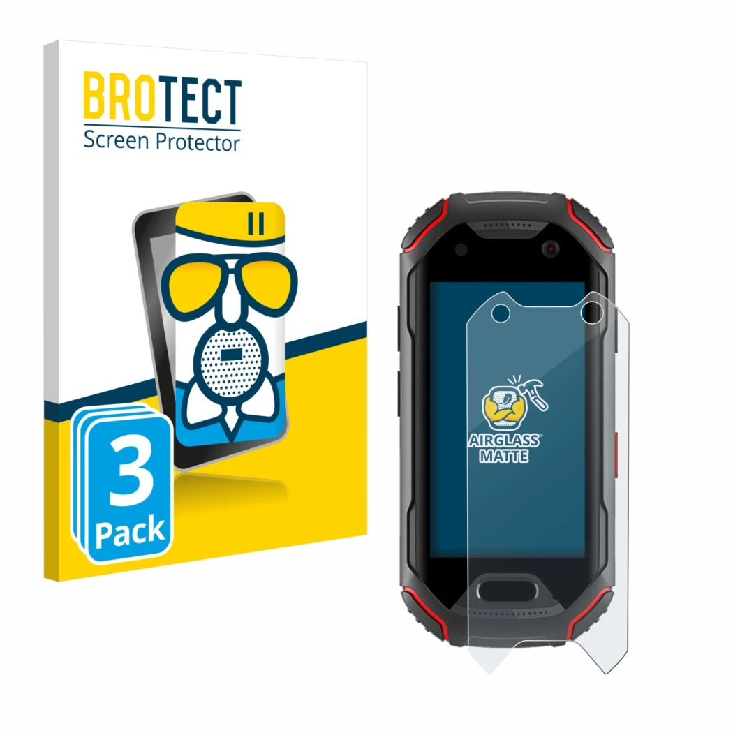 Face avant d’un emballage produit avec le logo de la marque BROTECT. À côté, l’appareil Unihertz Atom est représenté avec la p