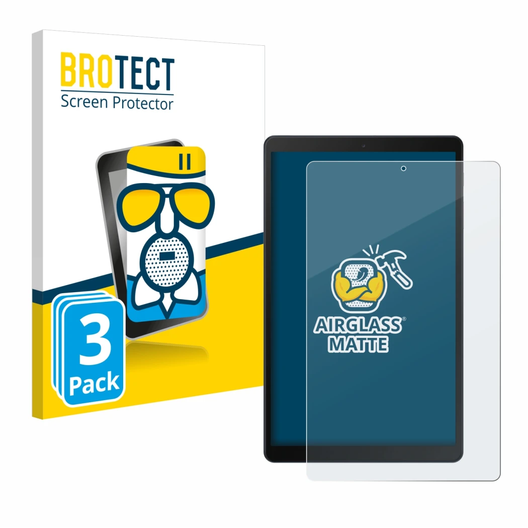 Face avant d’un emballage produit avec le logo de la marque BROTECT. À côté, l’appareil Samsung Galaxy Tab A 10.1 WiFi 2019 es