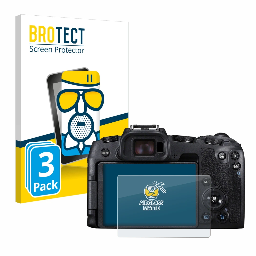 Face avant d’un emballage produit avec le logo de la marque BROTECT. À côté, l’appareil Canon EOS RP est représenté avec la pr
