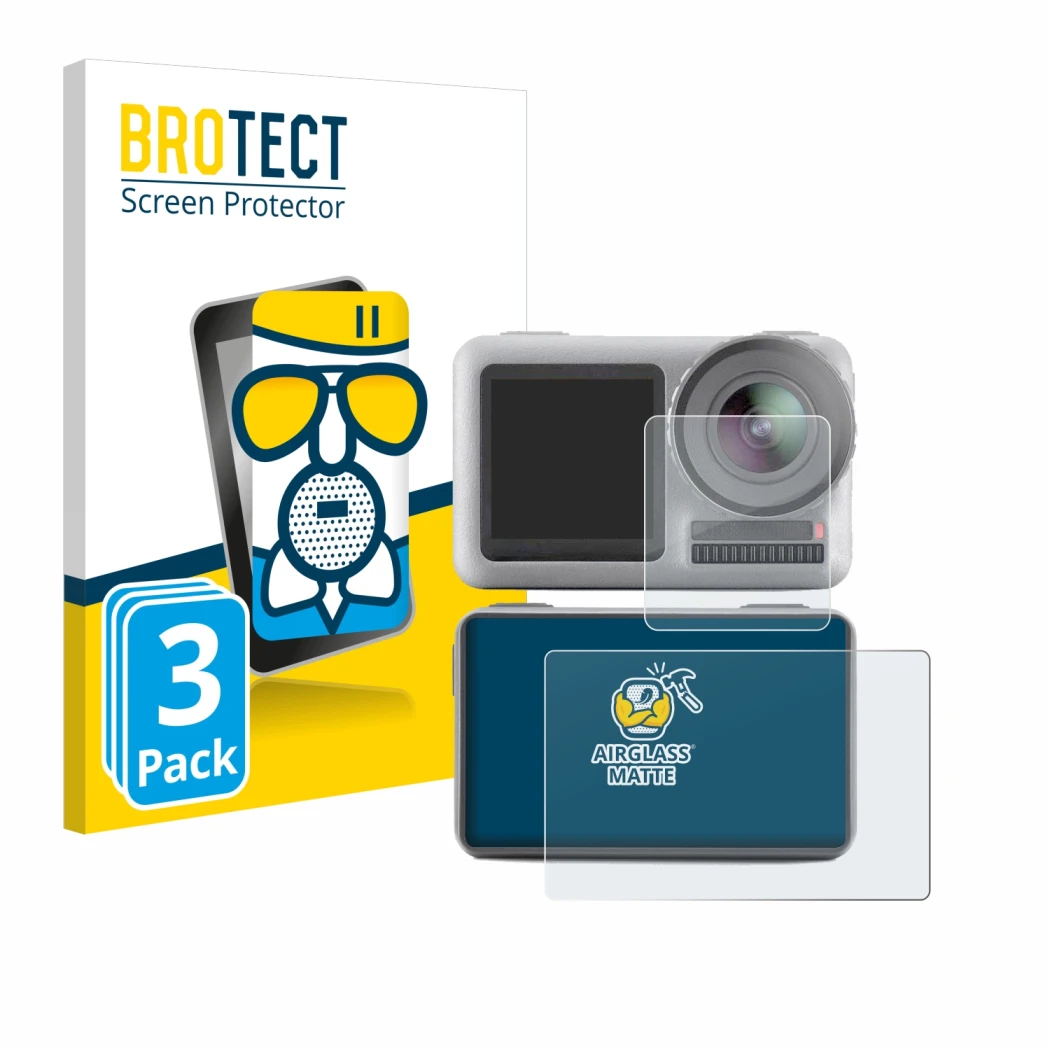 Face avant d’un emballage produit avec le logo de la marque BROTECT. À côté, l’appareil DJI Osmo Action est représenté avec la