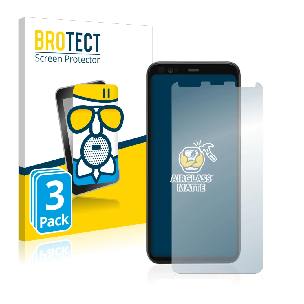 Face avant d’un emballage produit avec le logo de la marque BROTECT. À côté, l’appareil Google Pixel 4 est représenté avec la 