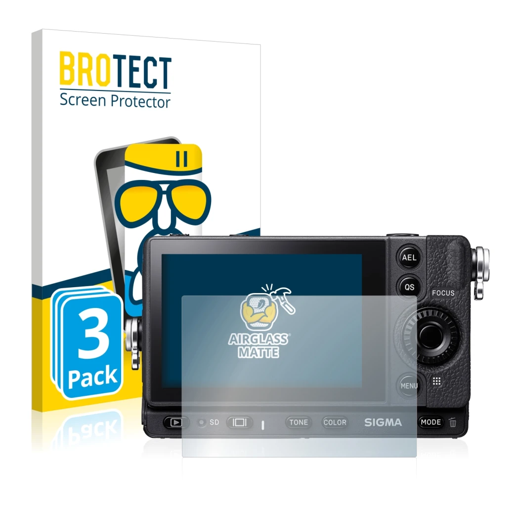 Face avant d’un emballage produit avec le logo de la marque BROTECT. À côté, l’appareil Sigma FP est représenté avec la protec