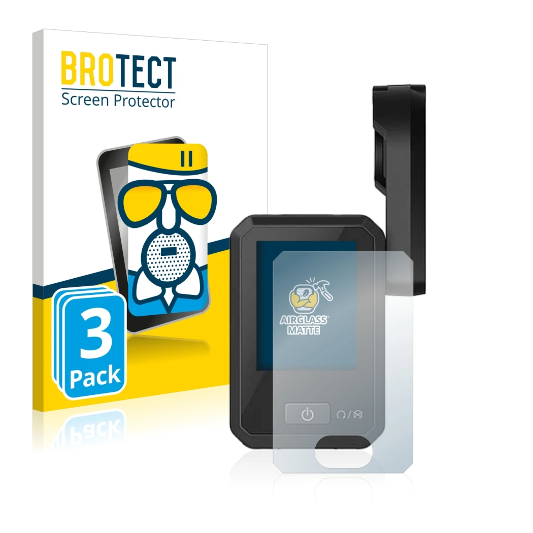 Face avant d’un emballage produit avec le logo de la marque BROTECT. À côté, l’appareil Flyer Display D0 est représenté avec l