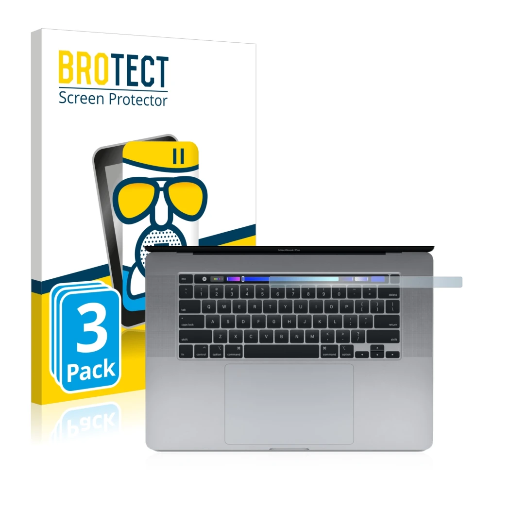 Face avant d’un emballage produit avec le logo de la marque BROTECT. À côté, l’appareil Apple MacBook Pro 16