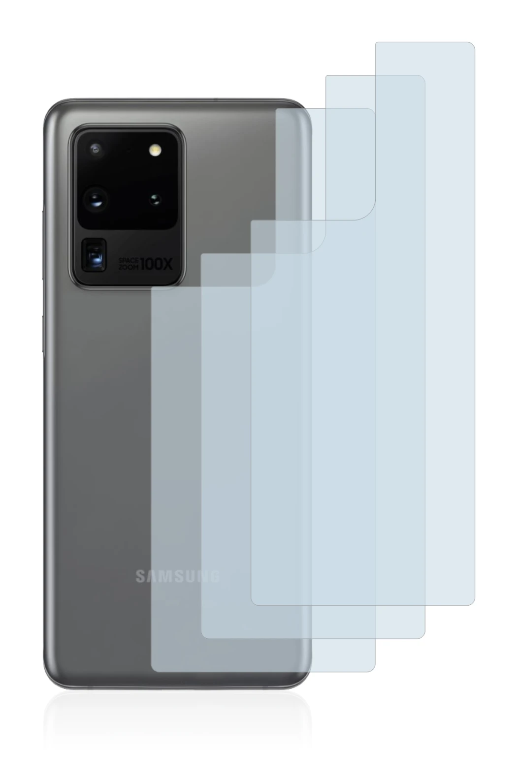 Image de l'appareil Samsung Galaxy S20 Ultra (Arrière) avec une grande variété de protections d'écran.