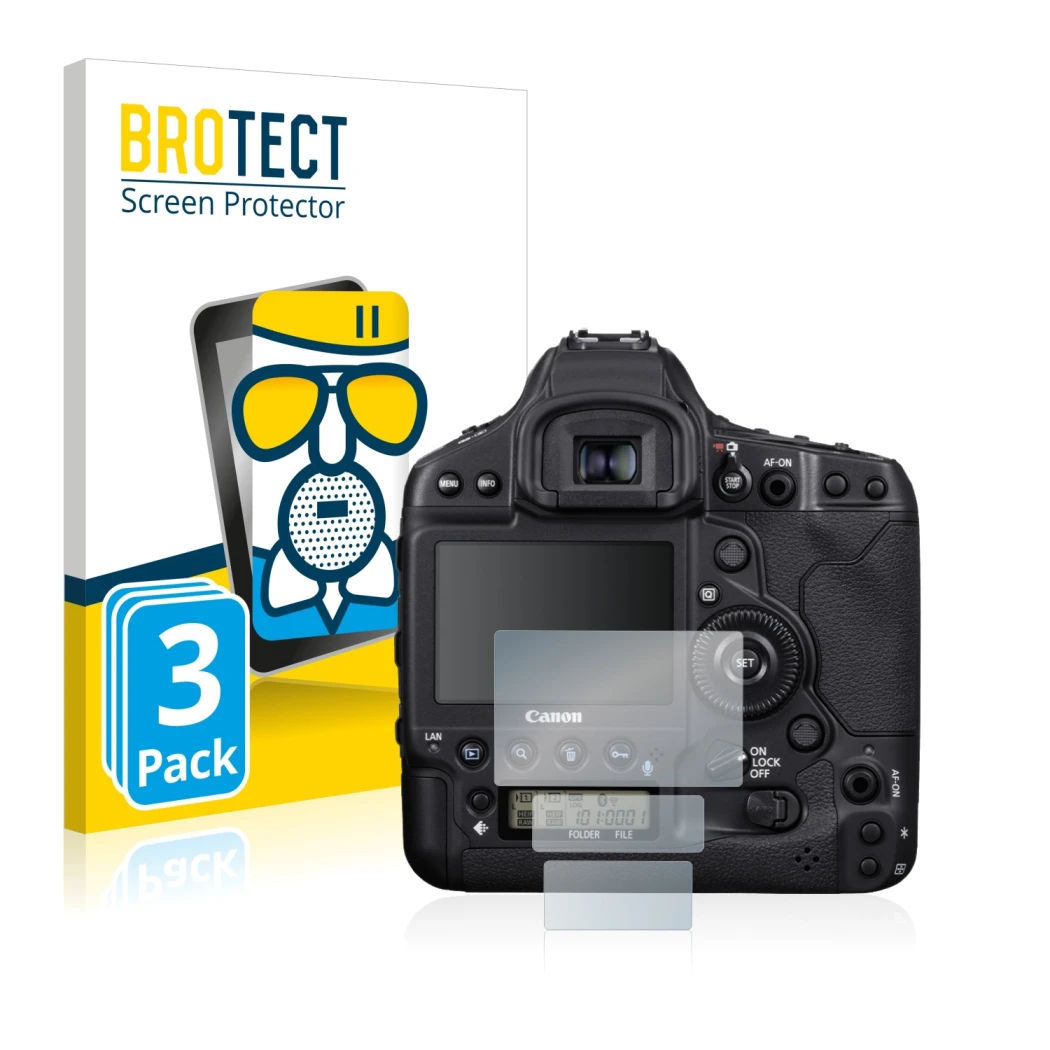 Face avant d’un emballage produit avec le logo de la marque BROTECT. À côté, l’appareil Canon EOS 1D X Mark III est représenté