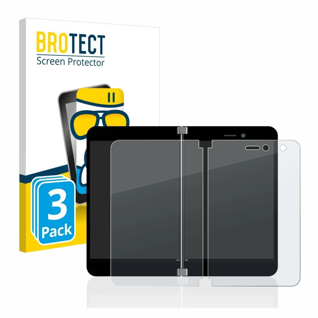 Face avant d’un emballage produit avec le logo de la marque BROTECT. À côté, l’appareil Microsoft Surface Duo est représenté a