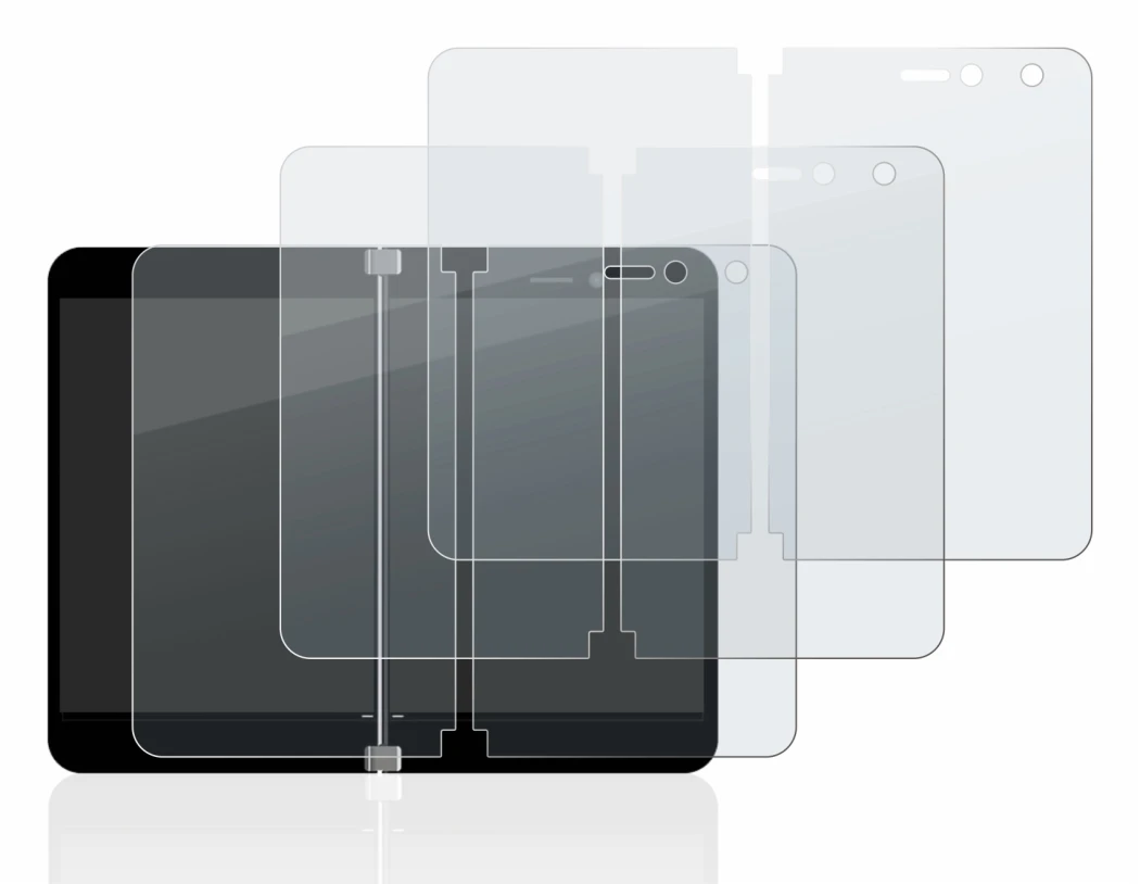 Image de l'appareil Microsoft Surface Duo avec une grande variété de protections d'écran.