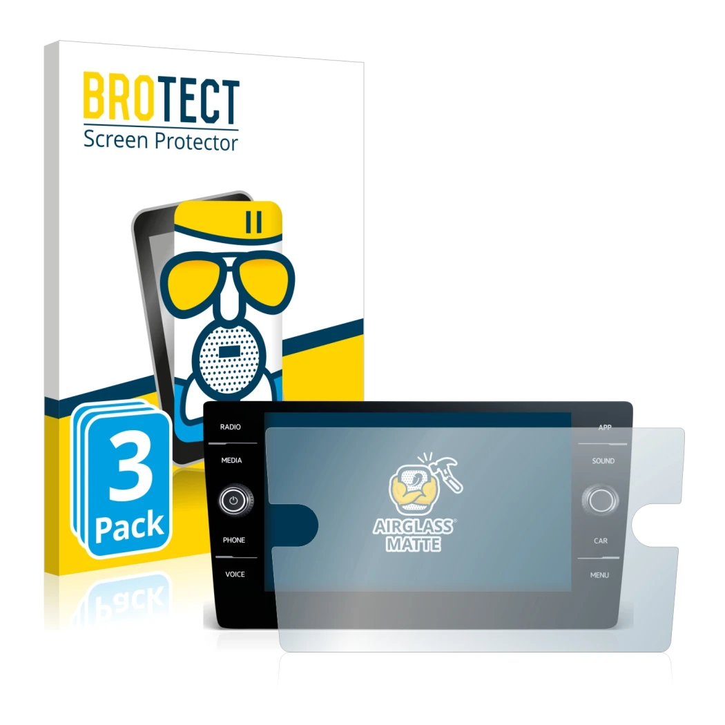 Face avant d’un emballage produit avec le logo de la marque BROTECT. À côté, l’appareil Volkswagen Golf 2017-2019 Discover Med