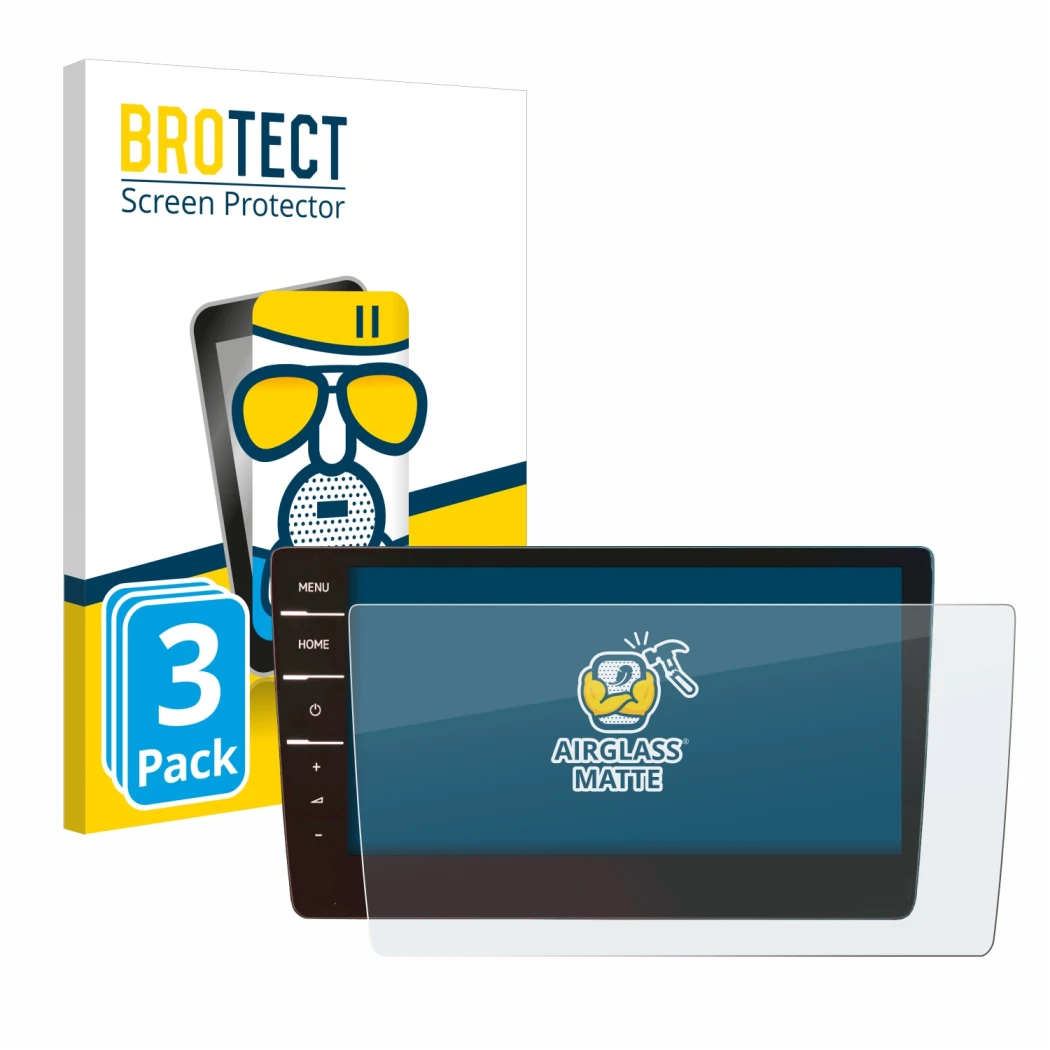 Face avant d’un emballage produit avec le logo de la marque BROTECT. À côté, l’appareil Volkswagen Touran 2019 Discover Pro 9.