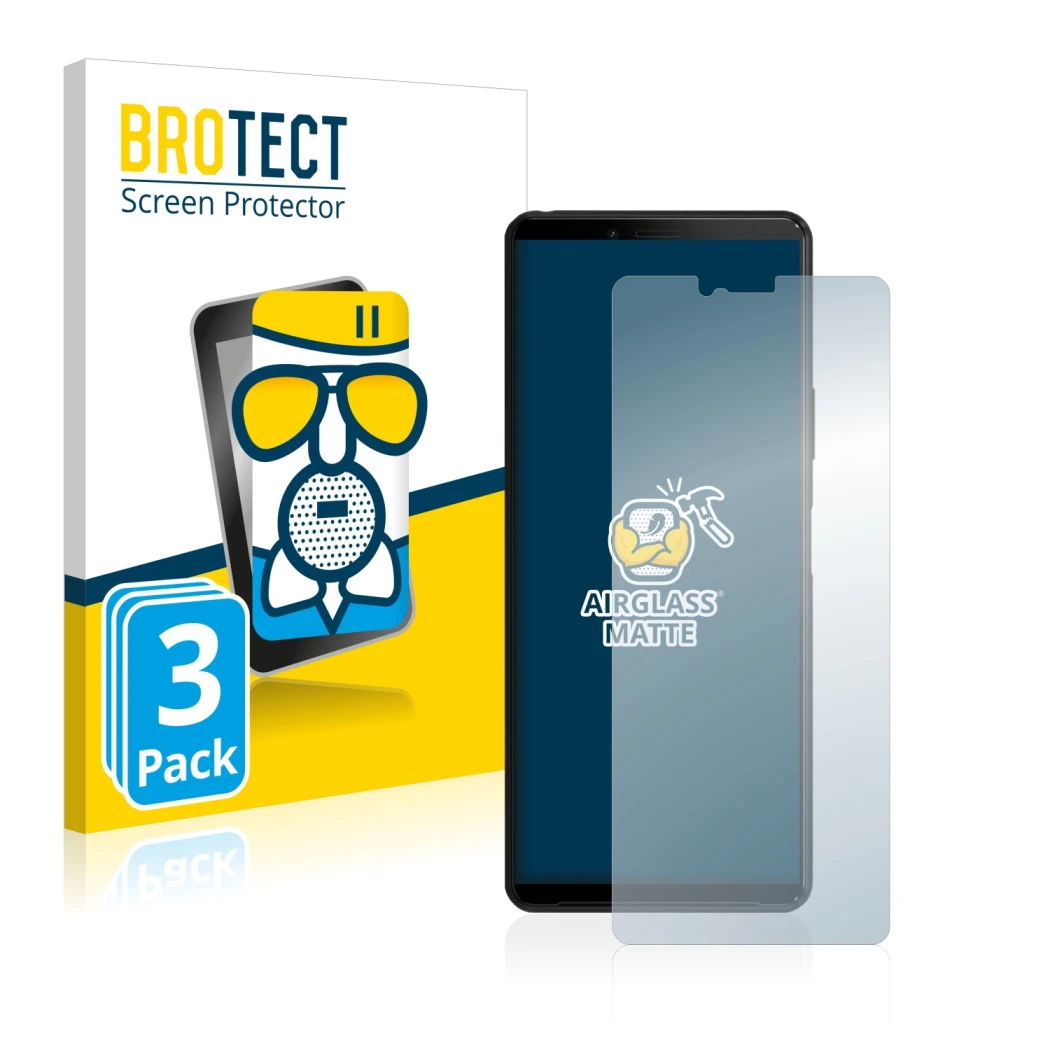 Face avant d’un emballage produit avec le logo de la marque BROTECT. À côté, l’appareil Sony Xperia 10 II est représenté avec 