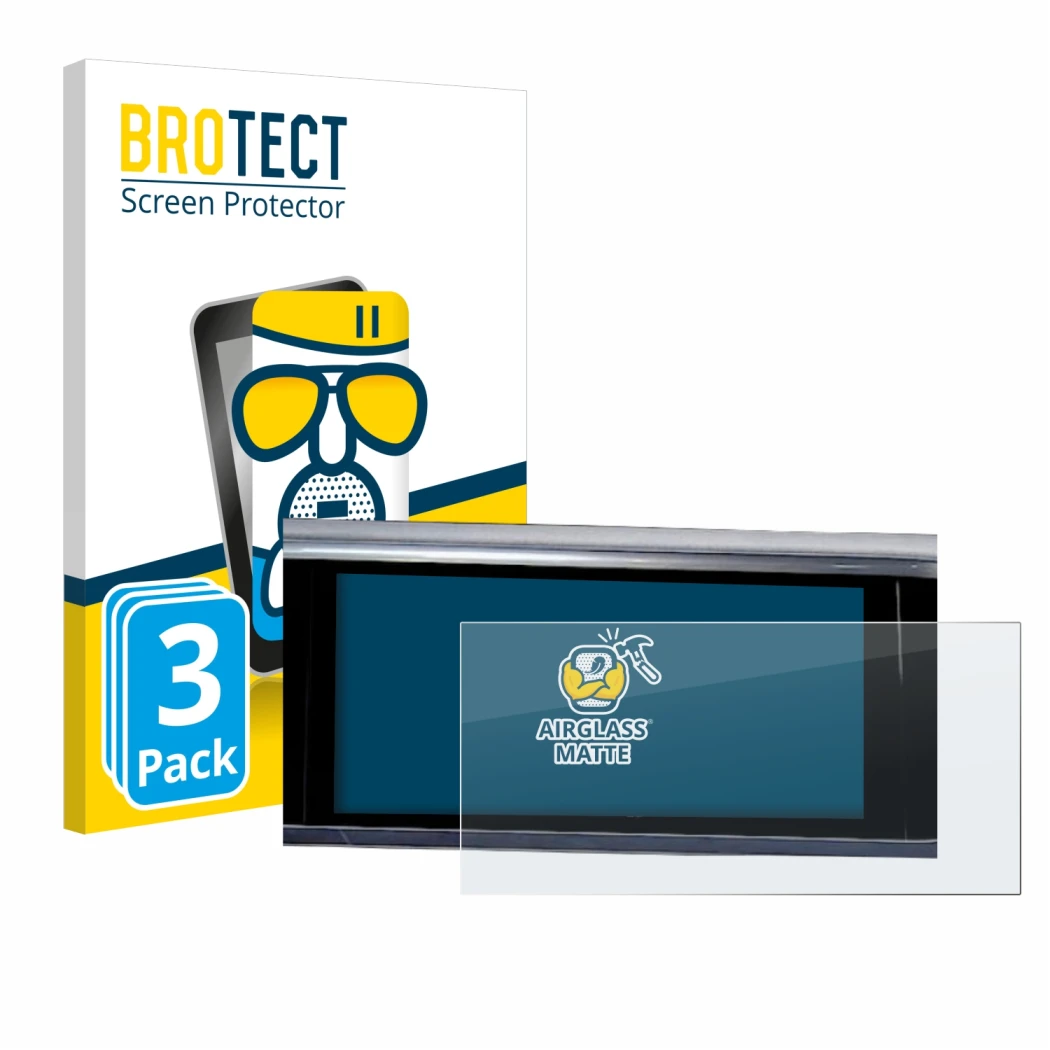 Face avant d’un emballage produit avec le logo de la marque BROTECT. À côté, l’appareil Audi A6 2018 MMI Navigation Plus 10.1