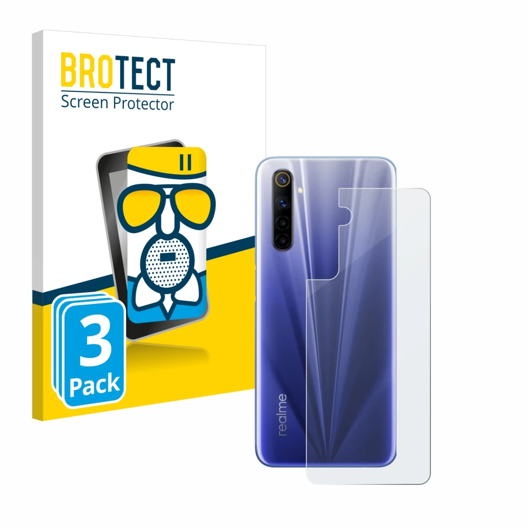 Face avant d’un emballage produit avec le logo de la marque BROTECT. À côté, l’appareil realme 6 (Arrière) est représenté avec