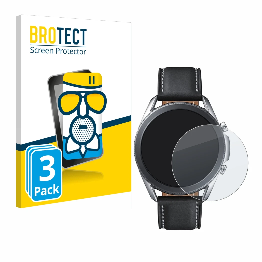 Face avant d’un emballage produit avec le logo de la marque BROTECT. À côté, l’appareil Samsung Galaxy Watch 3 (45mm) est repr