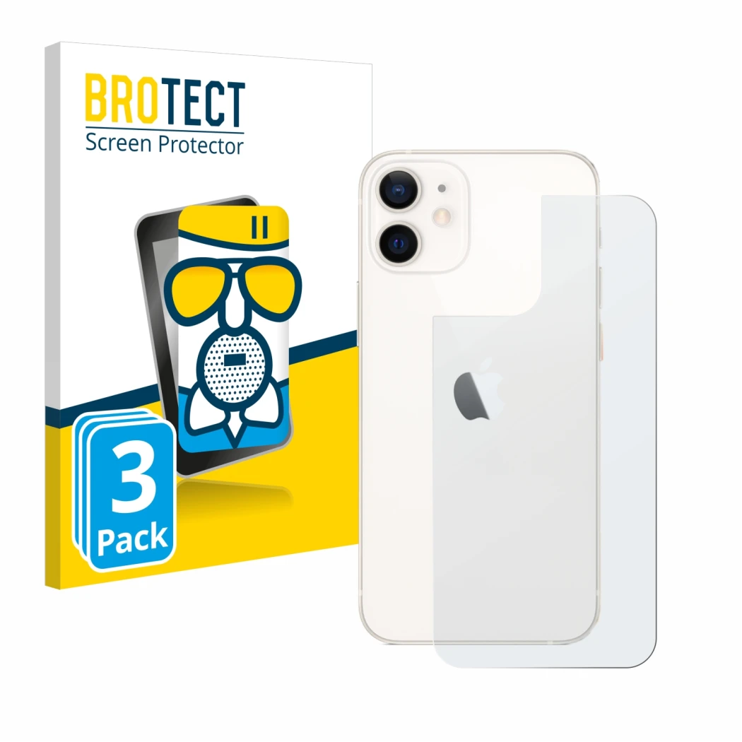 Face avant d’un emballage produit avec le logo de la marque BROTECT. À côté, l’appareil Apple iPhone 12 mini (Arrière) est rep
