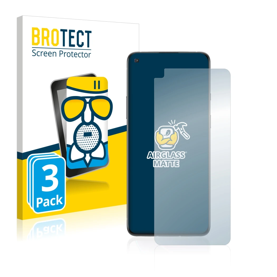 Face avant d’un emballage produit avec le logo de la marque BROTECT. À côté, l’appareil OnePlus 8T est représenté avec la prot