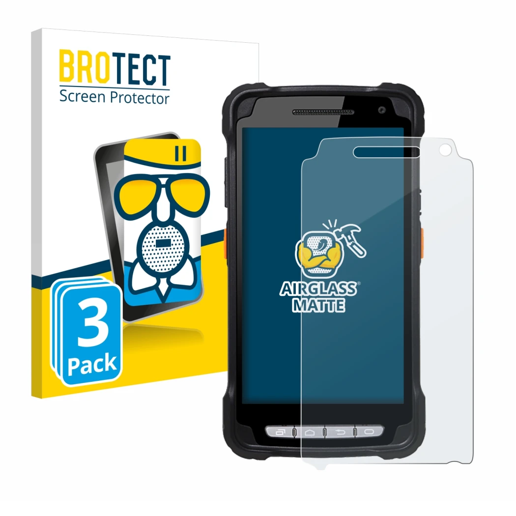 Face avant d’un emballage produit avec le logo de la marque BROTECT. À côté, l’appareil Point Mobile PM90 est représenté avec 