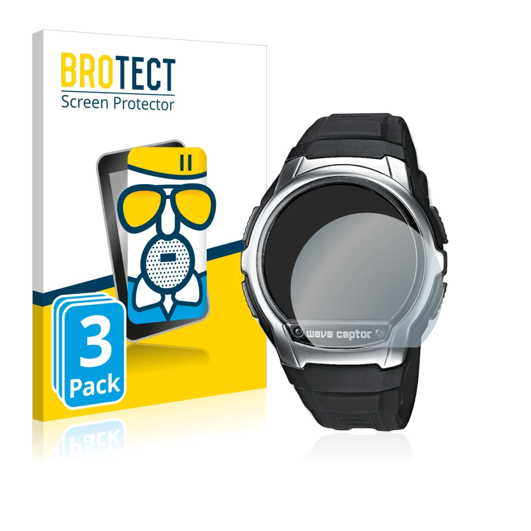 Face avant d’un emballage produit avec le logo de la marque BROTECT. À côté, l’appareil Casio Wave Ceptor WV-58 est représenté