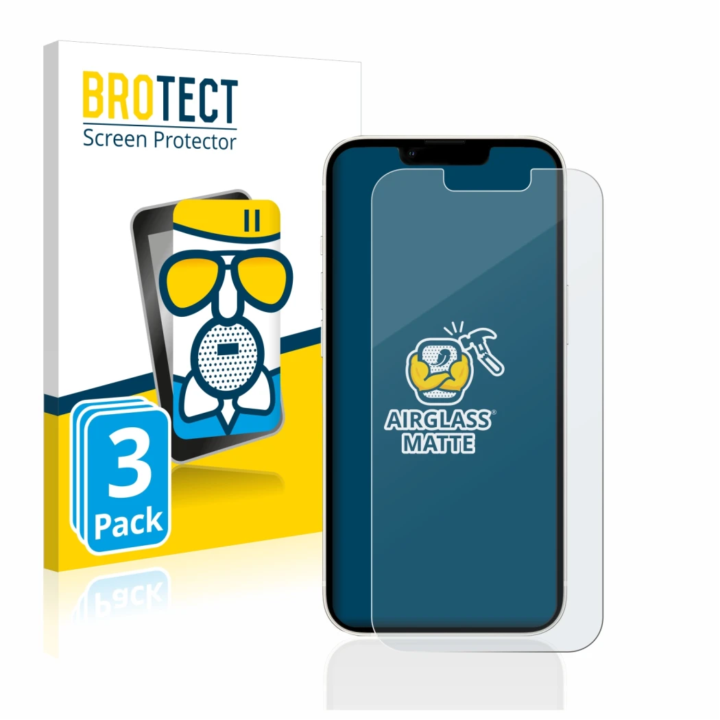 Face avant d’un emballage produit avec le logo de la marque BROTECT. À côté, l’appareil Apple iPhone 13 est représenté avec la