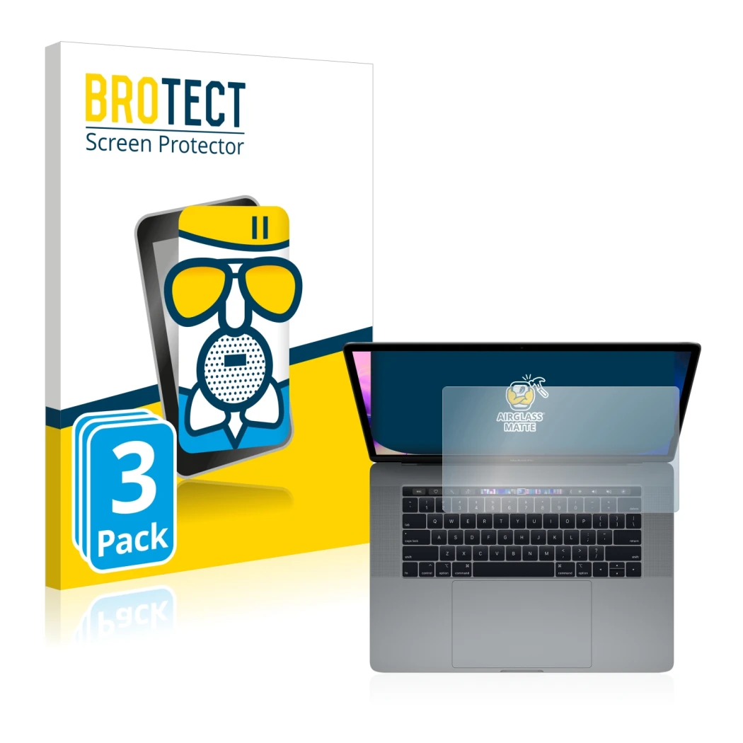 Face avant d’un emballage produit avec le logo de la marque BROTECT. À côté, l’appareil Apple MacBook Pro 15