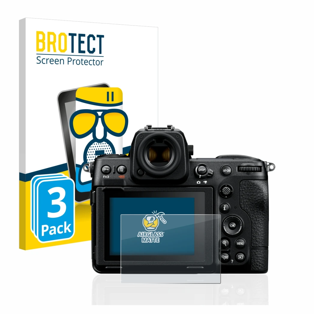 Face avant d’un emballage produit avec le logo de la marque BROTECT. À côté, l’appareil Nikon Z 8 est représenté avec la prote