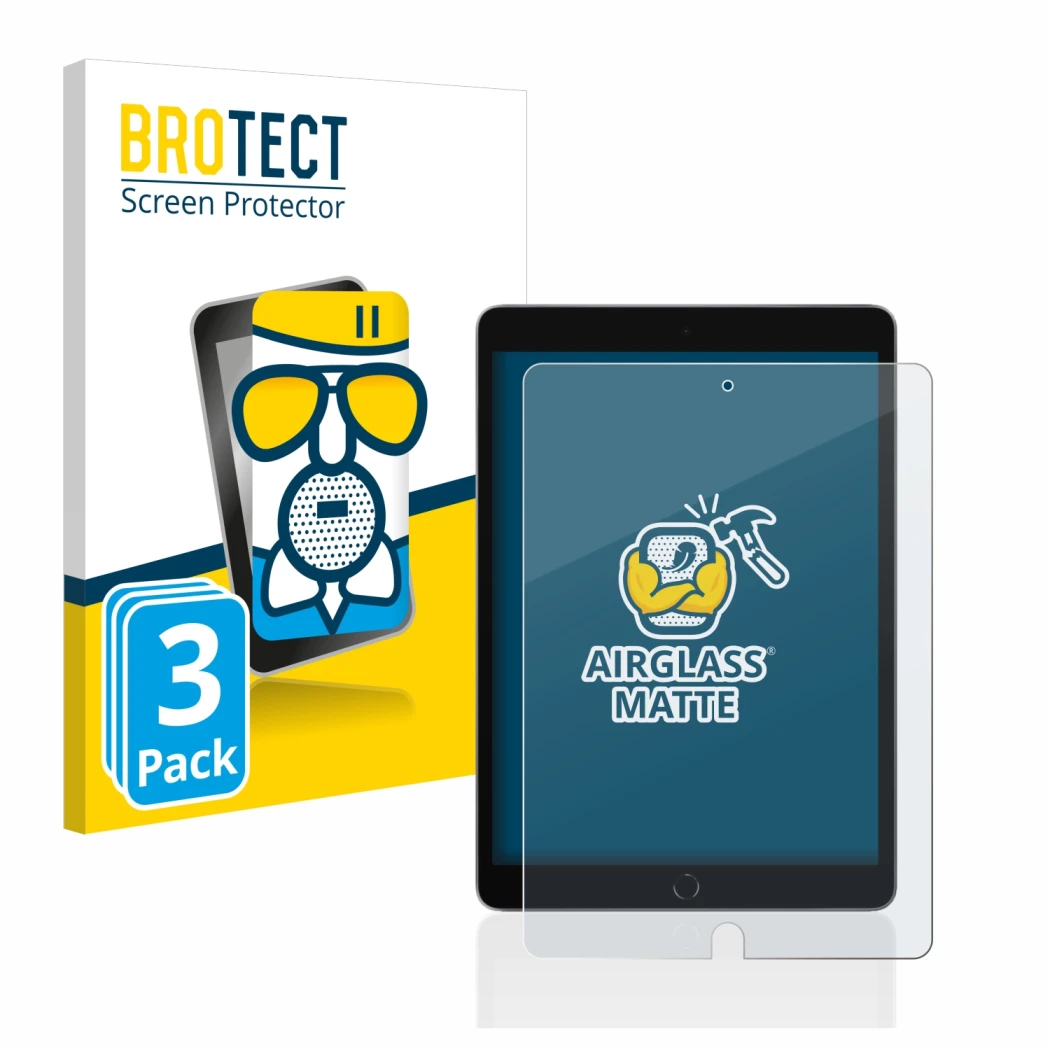 Face avant d’un emballage produit avec le logo de la marque BROTECT. À côté, l’appareil Apple iPad 10.2