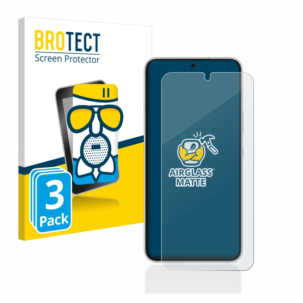 Face avant d’un emballage produit avec le logo de la marque BROTECT. À côté, l’appareil Samsung Galaxy S22 5G est représenté a