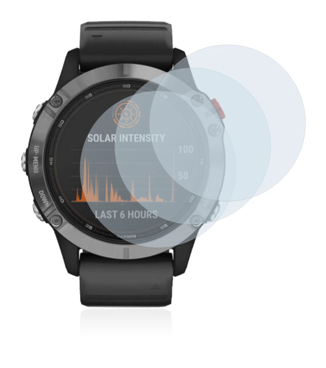 Image de l'appareil Garmin Fenix 6 Solar avec une grande variété de protections d'écran.