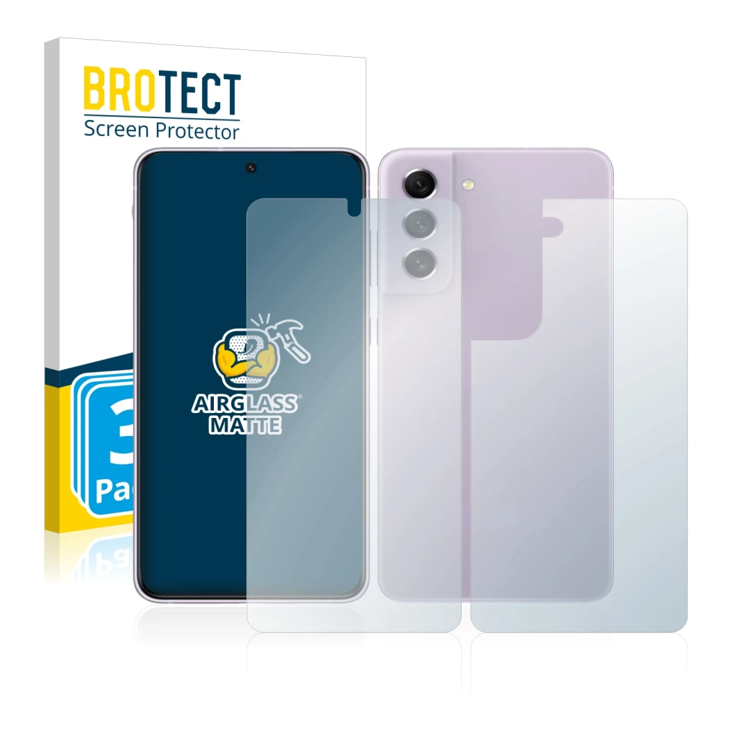 Face avant d’un emballage produit avec le logo de la marque BROTECT. À côté, l’appareil Samsung Galaxy S21 FE 5G (Avant+Arrièr