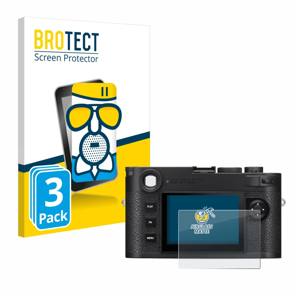 Face avant d’un emballage produit avec le logo de la marque BROTECT. À côté, l’appareil Leica M11 est représenté avec la prote