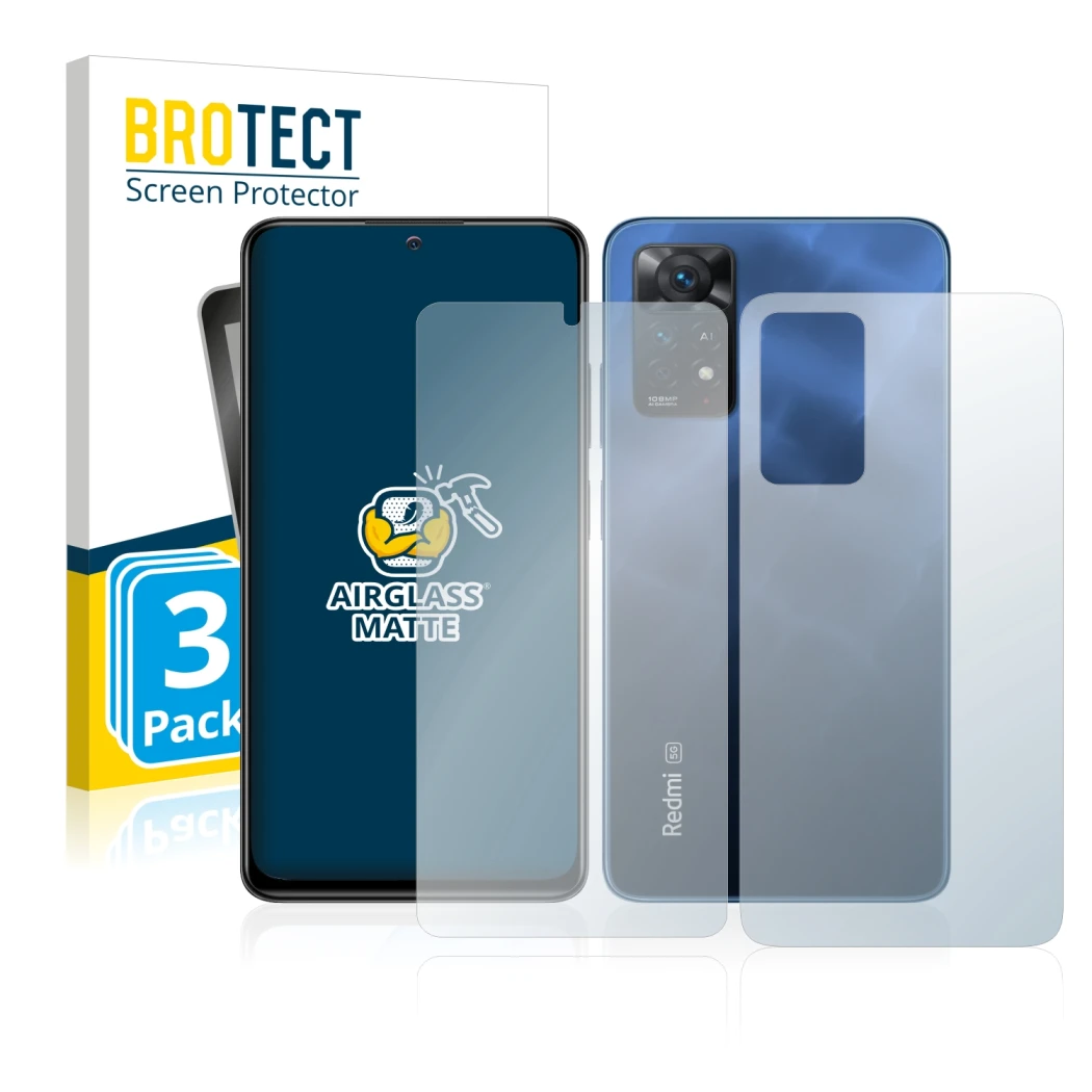 Face avant d’un emballage produit avec le logo de la marque BROTECT. À côté, l’appareil Xiaomi Redmi Note 11 Pro 5G (Avant+Arr