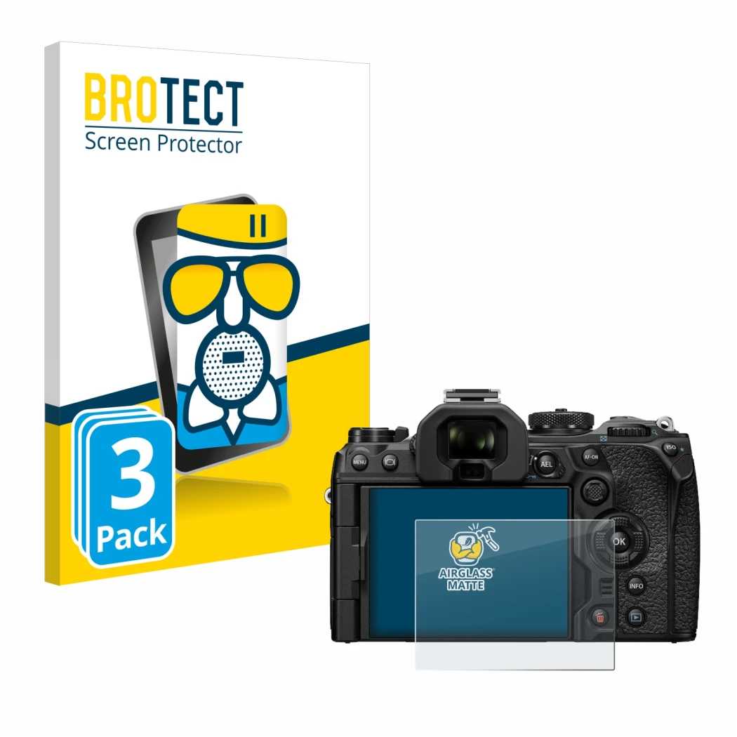 Face avant d’un emballage produit avec le logo de la marque BROTECT. À côté, l’appareil Olympus OM-1 2022 est représenté avec