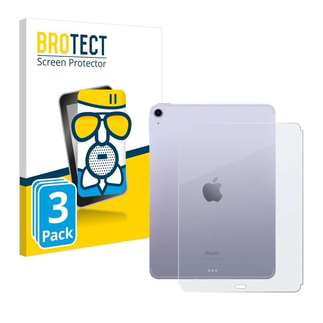 Face avant d’un emballage produit avec le logo de la marque BROTECT. À côté, l’appareil Apple iPad Air 5 WiFi 2022 (Arrière, 5