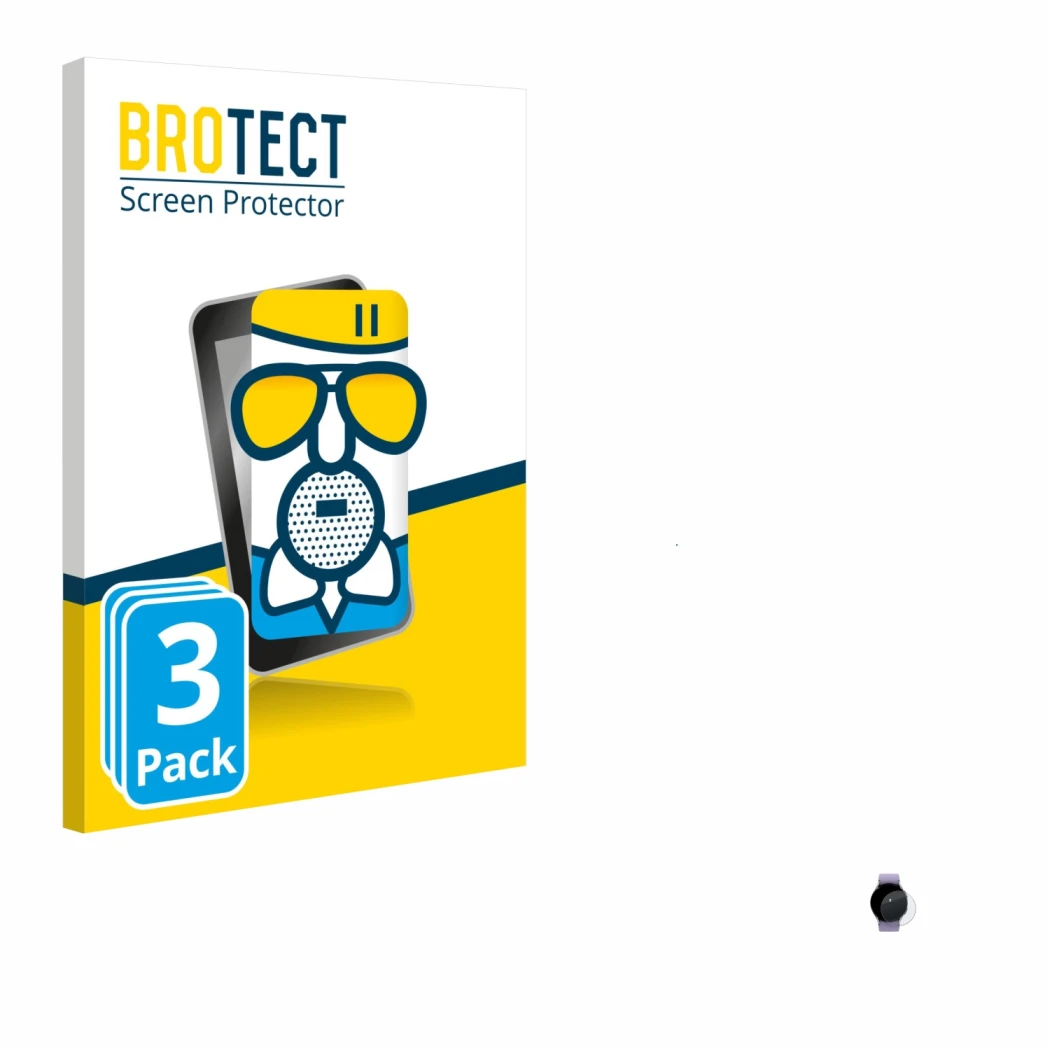 Face avant d’un emballage produit avec le logo de la marque BROTECT. À côté, l’appareil Samsung Galaxy Watch 5 (40mm) est repr