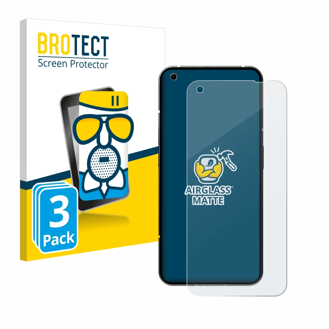 Face avant d’un emballage produit avec le logo de la marque BROTECT. À côté, l’appareil Nothing Phone (1) est représenté avec