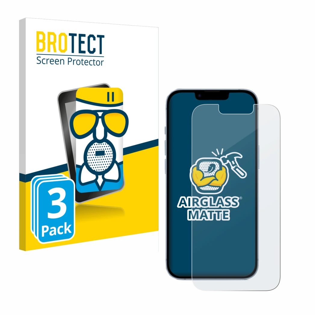 Face avant d’un emballage produit avec le logo de la marque BROTECT. À côté, l’appareil Apple iPhone 14 est représenté avec la