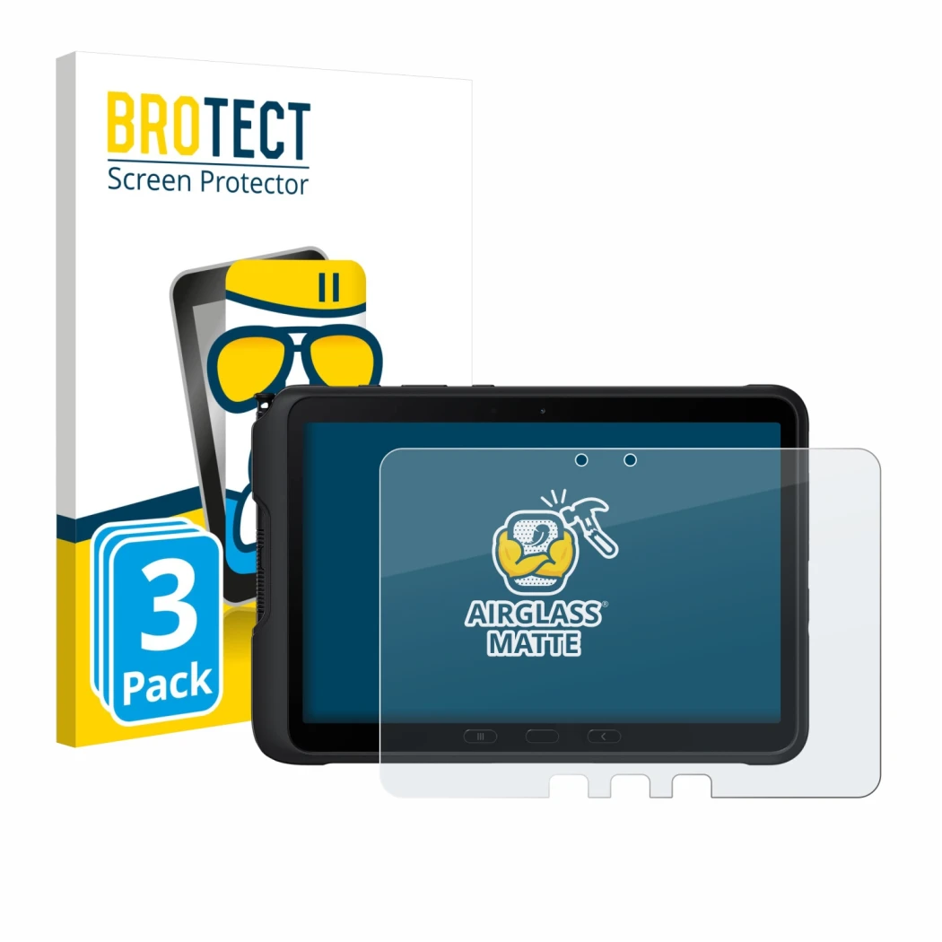 Face avant d’un emballage produit avec le logo de la marque BROTECT. À côté, l’appareil Samsung Galaxy Tab Active 4 Pro est re