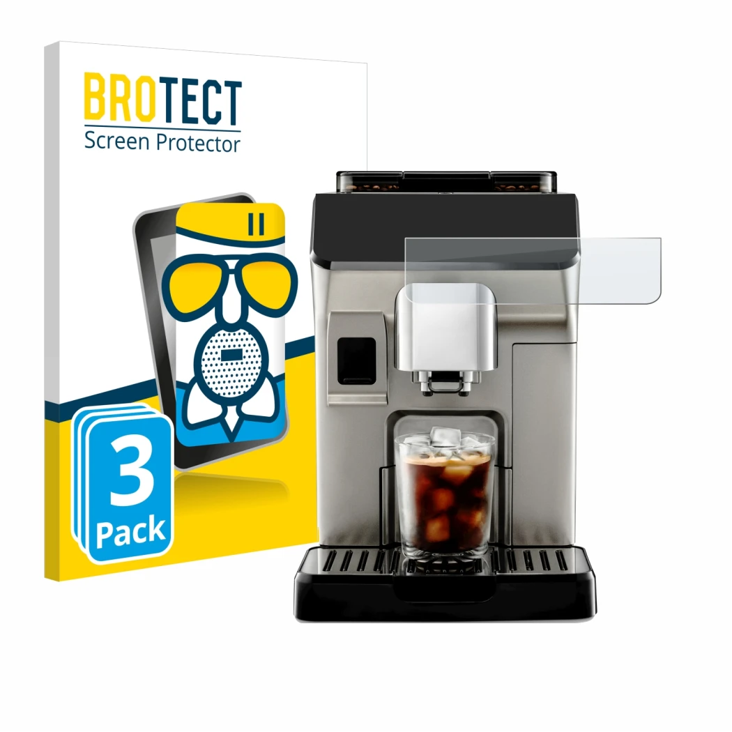 Face avant d’un emballage produit avec le logo de la marque BROTECT. À côté, l’appareil DeLonghi Eletta Explore est représenté