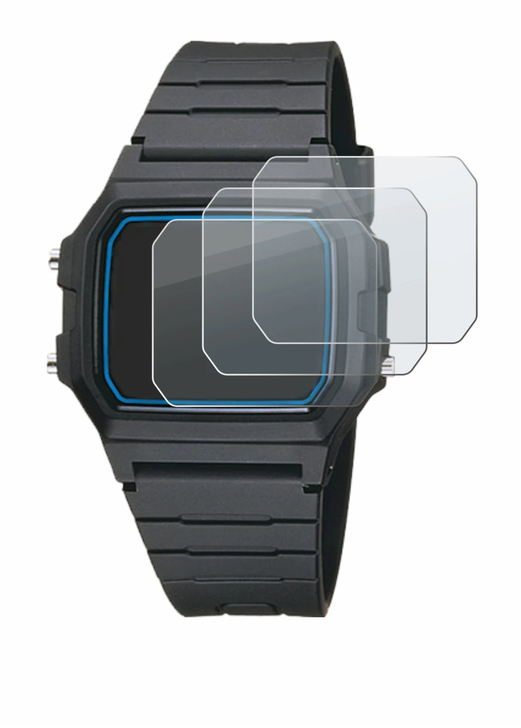 Image de l'appareil Casio F-105W-1AWYEF avec une grande variété de protections d'écran.