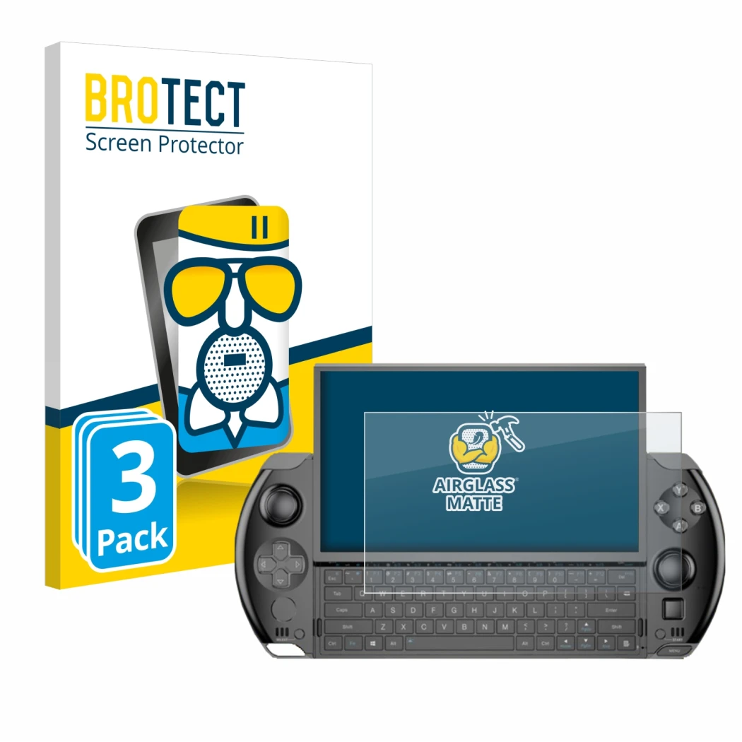 Face avant d’un emballage produit avec le logo de la marque BROTECT. À côté, l’appareil GPD Win 4 est représenté avec la prote