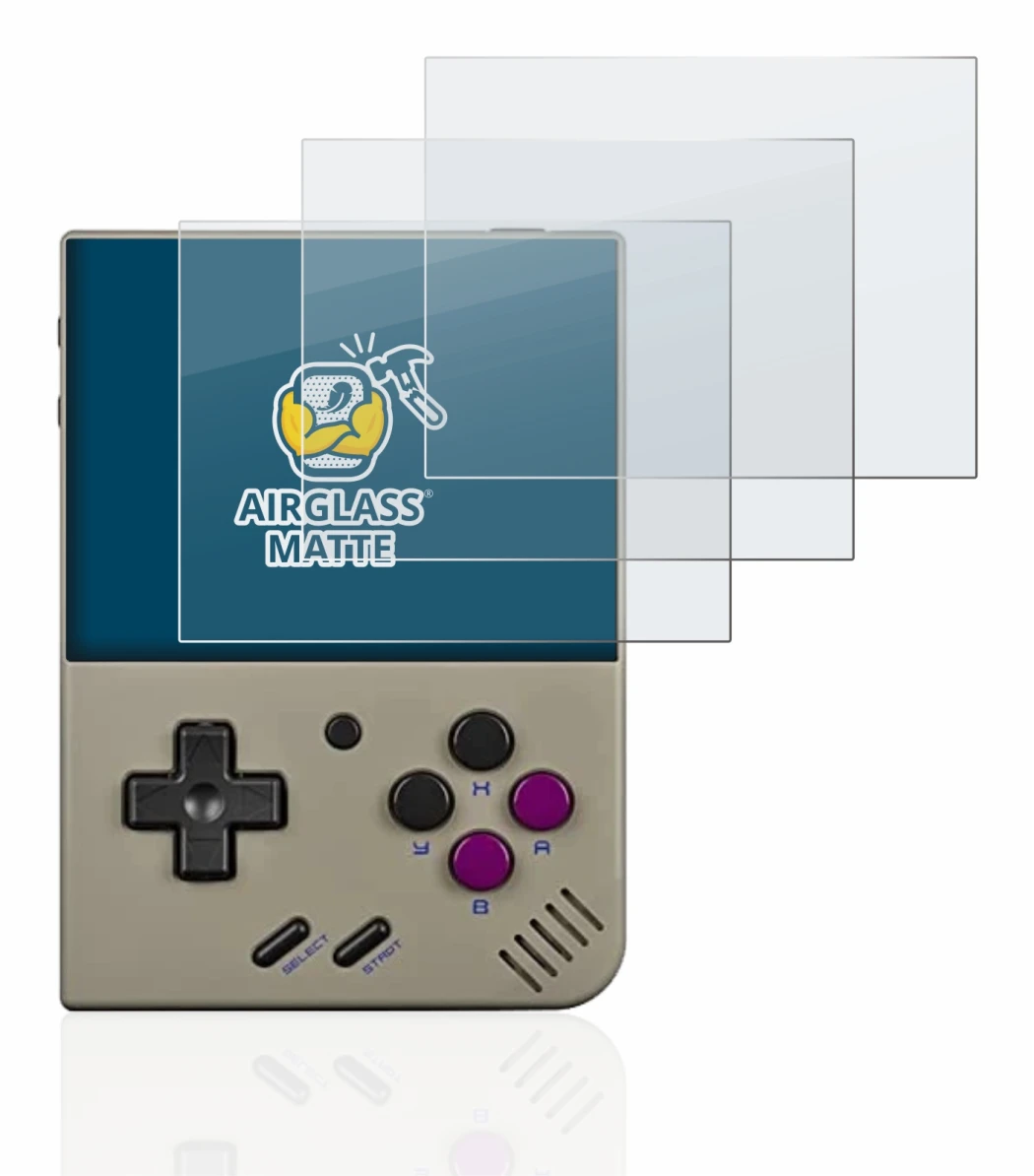 Image de l'appareil Miyoo Mini Plus avec une grande variété de protections d'écran.